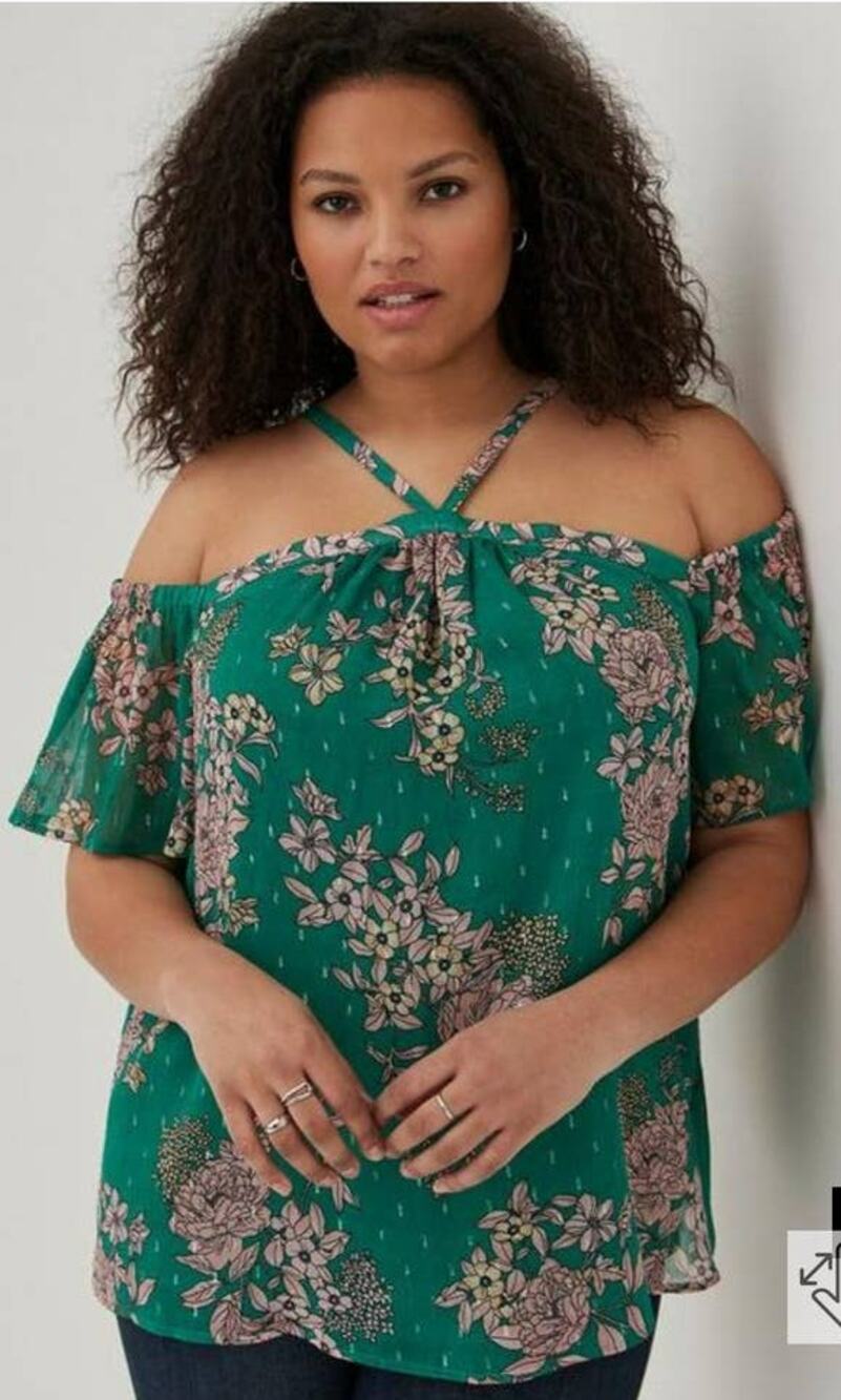 Torrid Cold Shoulder Halter Top Crinkle Chiffon Floral Green Size 4XL NWT